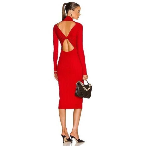 Enza Costa Viscose Rib Twist Back, Long Sleeve Red Midi Cocktail Dress, Sz S - Picture 4 of 14